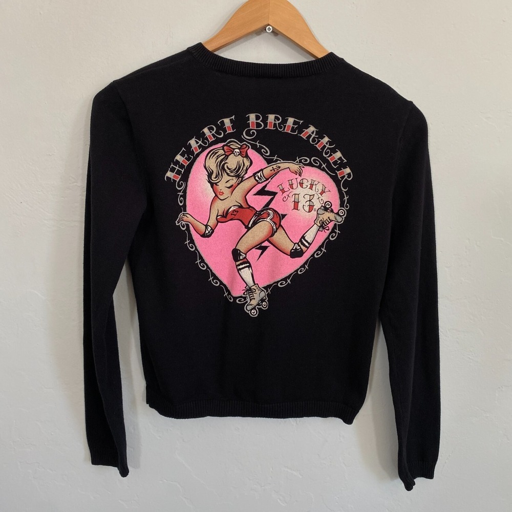 Lucky 13 Cardigan Women Sz Medium Black Burlesque Pin Up Girls Heartbreaker Y2K - Picture 9 of 11
